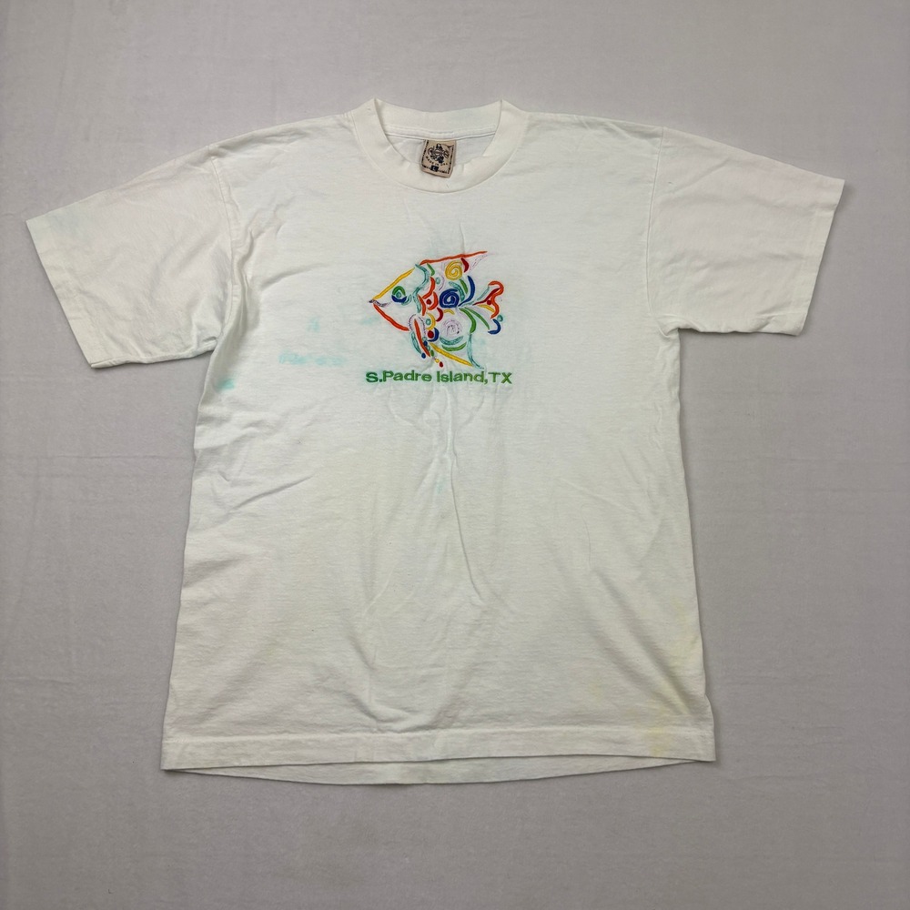 Vintage Alore South Padre Island TX Fish T-Shirt White Large stained USA Made